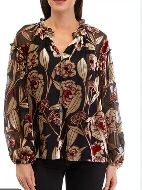 CUPIO Sheer Black Velvet Floral Blouse size small